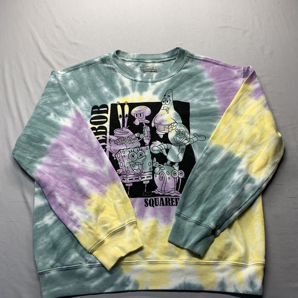 Women’s Size Large L Nickelodeon Sponge Bob Square Pants Purple Tie Dye Sweater